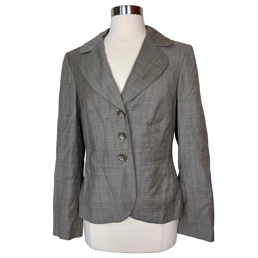 Ann Taylor Wool Taupe Plaid Career Professional Work Wear Three Button Blazer 4